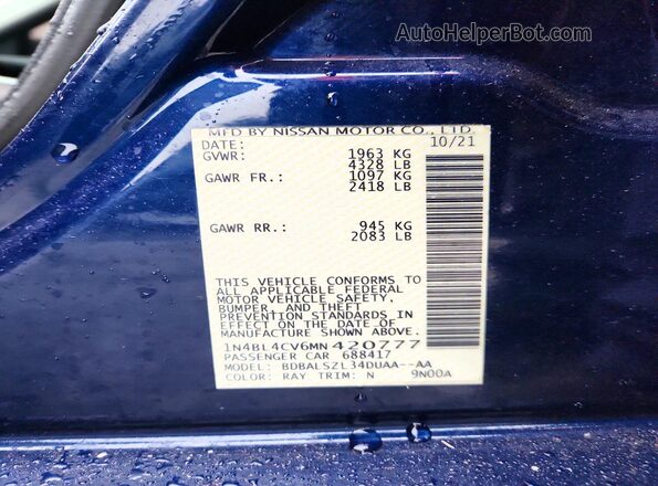 1N4BL4CV6MN420777 2021 NISSAN ALTIMA Blue Вид підкапотного простору