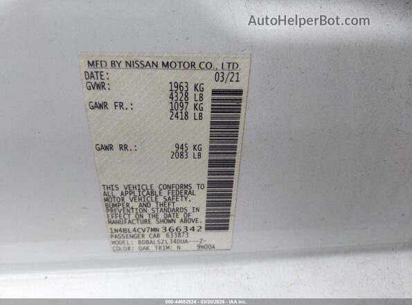 1N4BL4CV7MN366342 2021 NISSAN ALTIMA White 