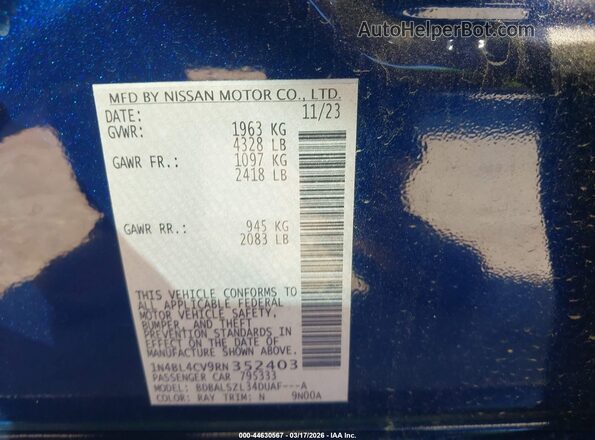 1N4BL4CV9RN352403 2024 NISSAN ALTIMA Blue Շարժիչի բաժամունքի տեսք
