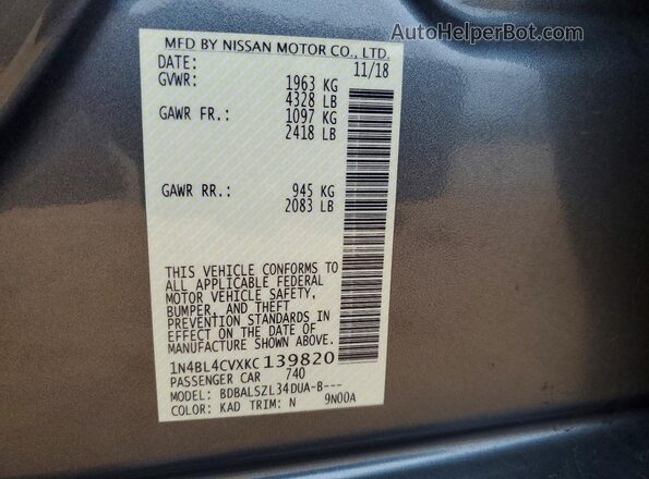 1N4BL4CVXKC139820 2019 NISSAN ALTIMA Gray 