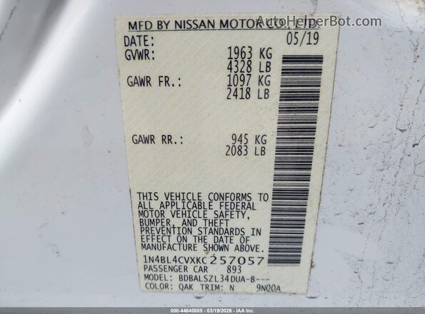 1N4BL4CVXKC257057 2019 NISSAN ALTIMA White Engine compartment view