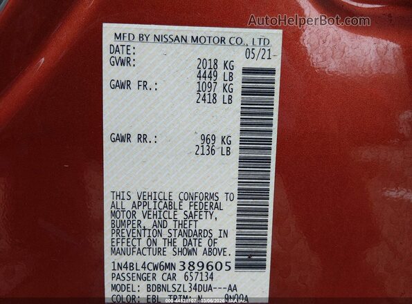1N4BL4CW6MN389605 2021 NISSAN ALTIMA Orange Շարժիչի բաժամունքի տեսք