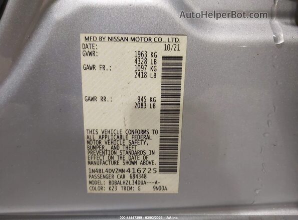 1N4BL4DV2MN416725 2021 NISSAN ALTIMA Серебряный Вид подкапотного пространства