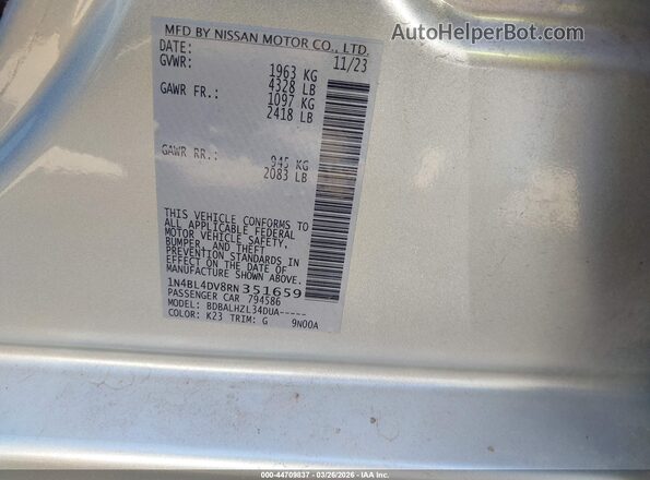 1N4BL4DV8RN351659 2024 NISSAN ALTIMA Silver Շարժիչի բաժամունքի տեսք