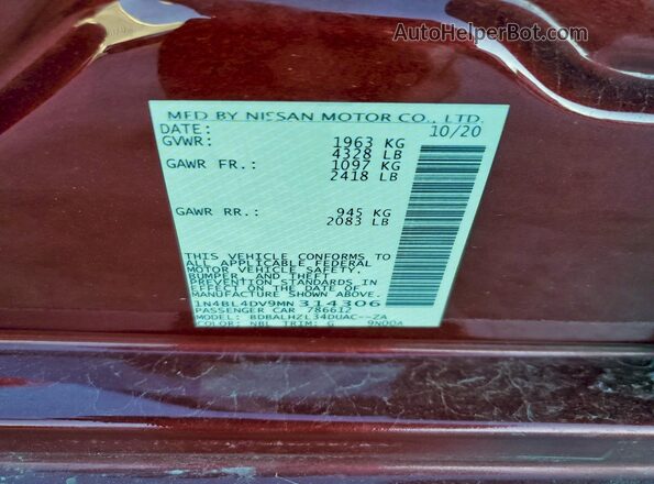 1N4BL4DV9MN314306 2021 NISSAN ALTIMA Red Vista de la etiqueta del VIN