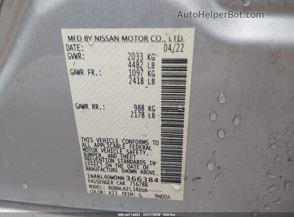 1N4BL4DW0NN366384 2022 NISSAN ALTIMA Silver Widok komory silnika