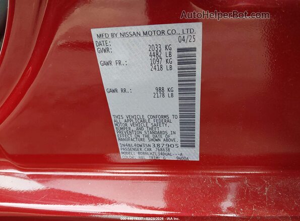 1N4BL4DW3SN387905 2025 NISSAN ALTIMA Red Շարժիչի բաժամունքի տեսք