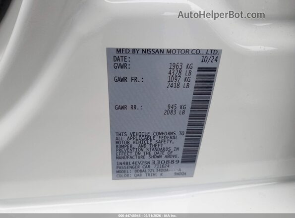 1N4BL4EV2SN330889 2025 NISSAN ALTIMA White Вид підкапотного простору