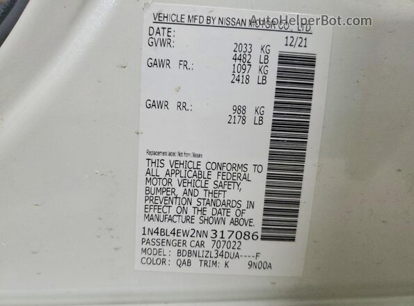 1N4BL4EW2NN317086 2022 NISSAN ALTIMA White Engine compartment view