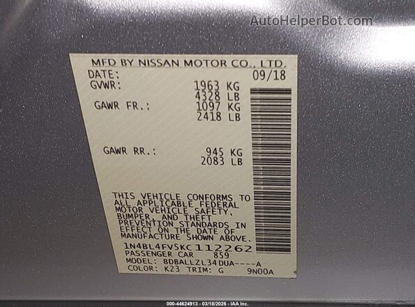 1N4BL4FV5KC112262 2019 NISSAN ALTIMA Silver 