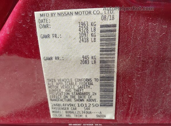 1N4BL4FV9KC101250 2019 NISSAN ALTIMA Red Engine compartment view