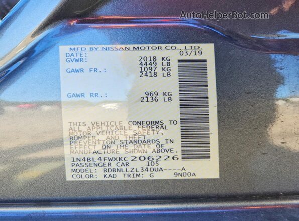 1N4BL4FWXKC206226 2019 NISSAN ALTIMA Gray Вид підкапотного простору