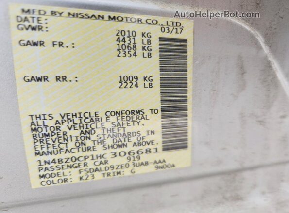1N4BZ0CP1HC306681 2017 NISSAN LEAF Silver Widok naklejki z numerem VIN