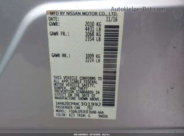 1N4BZ0CP4HC301992 2017 NISSAN LEAF Silver Вид підкапотного простору