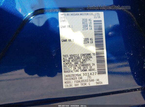 1N4BZ0CP6HC301427 2017 NISSAN LEAF Blue Вид підкапотного простору