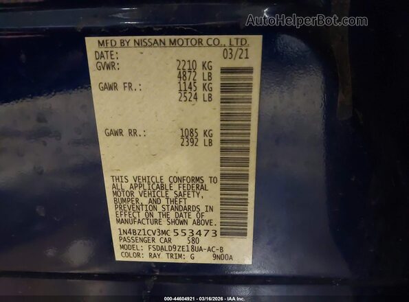 1N4BZ1CV3MC553473 2021 NISSAN LEAF Blue Vista del compartimento del motor