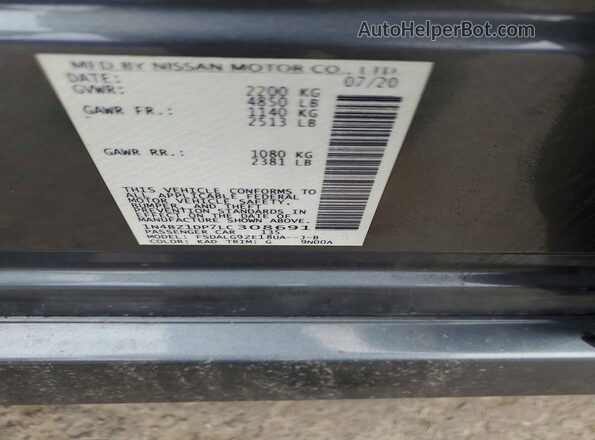 1N4BZ1DP7LC308691 2020 NISSAN LEAF Gray VIN sticker view