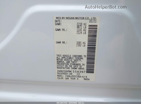 1N4BZ1DV9MC554397 2021 NISSAN LEAF White Շարժիչի բաժամունքի տեսք