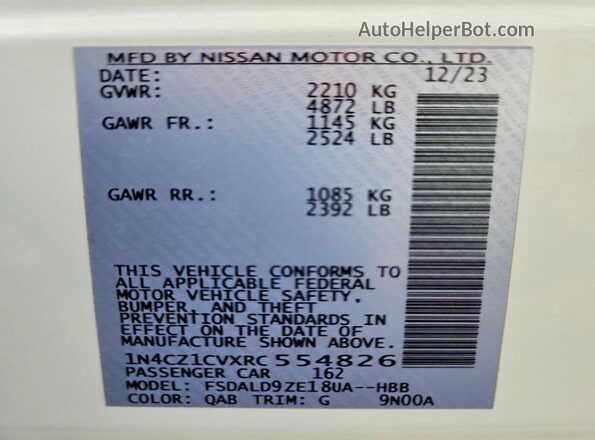 1N4CZ1CVXRC554826 2024 NISSAN LEAF Белый Вид наклейки с VIN-кодом