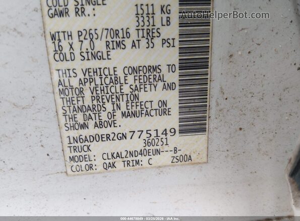 1N6AD0ER2GN775149 2016 NISSAN FRONTIER White Вид підкапотного простору