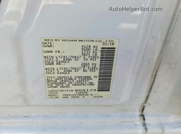 1N6AF0KY4JN804129 2018 NISSAN NV White VIN sticker view