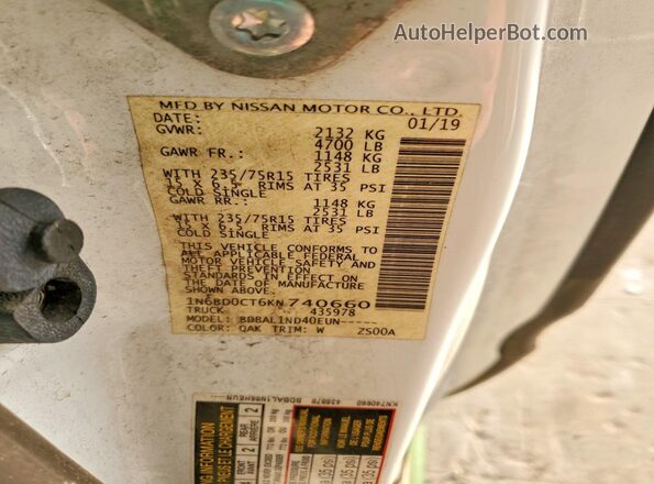 1N6BD0CT6KN740660 2019 NISSAN FRONTIER Белый Вид подкапотного пространства