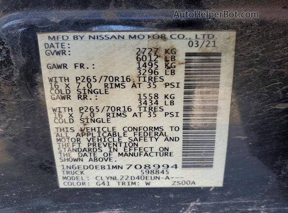 1N6ED0EB1MN708994 2021 NISSAN FRONTIER Black Vista de la etiqueta del VIN