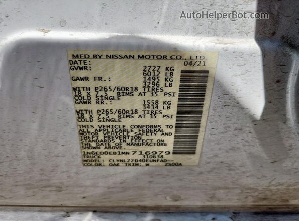 1N6ED0EB1MN716979 2021 NISSAN FRONTIER White Widok komory silnika