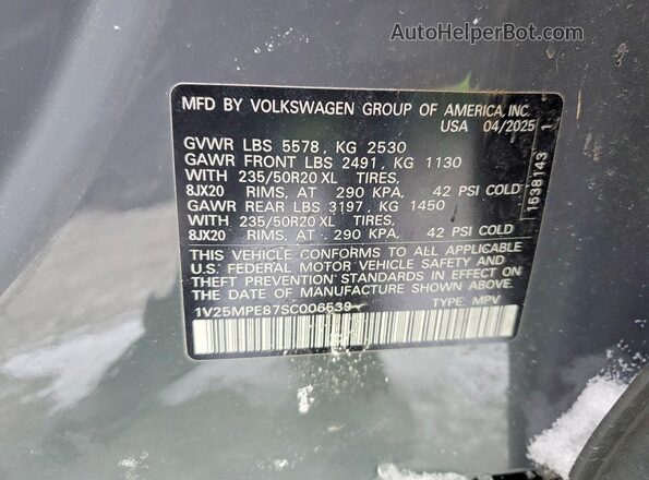 1V25MPE87SC006539 2025 VOLKSWAGEN ID.4 Серый Вид наклейки с VIN-кодом