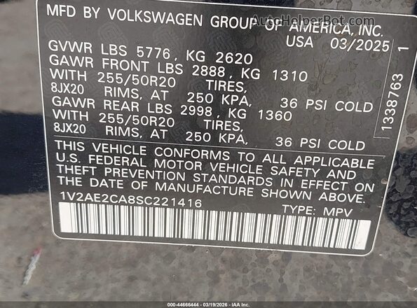 1V2AE2CA8SC221416 2025 VOLKSWAGEN ATLAS Black Engine compartment view