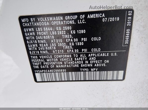1V2AP2CA6KC590530 2019 VOLKSWAGEN ATLAS White Widok komory silnika