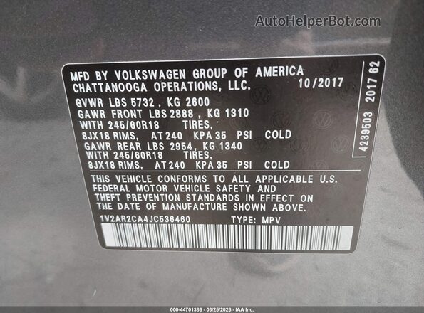 1V2AR2CA4JC536460 2018 VOLKSWAGEN ATLAS Gray 