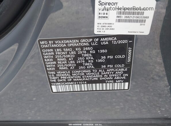 1V2BE2CA5MC211014 2021 VOLKSWAGEN ATLAS Gray ძრავის განყოფილების ხედი