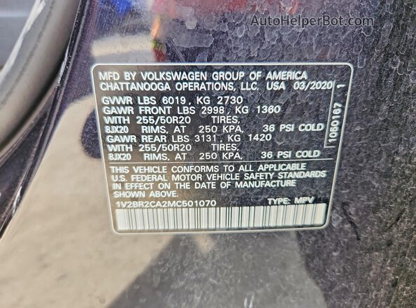 1V2BR2CA2MC501070 2021 VOLKSWAGEN ATLAS Black VIN կոդի պիտակի տեսք