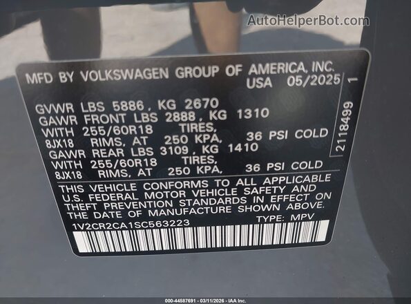 1V2CR2CA1SC563223 2025 VOLKSWAGEN ATLAS Gray 