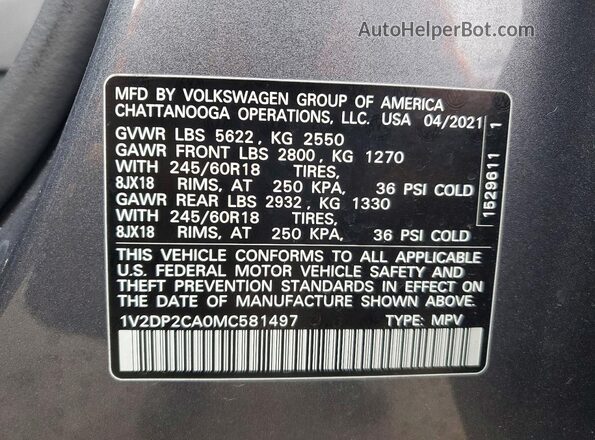 1V2DP2CA0MC581497 2021 VOLKSWAGEN ATLAS Gray 360 interior view