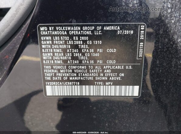 1V2DR2CA1JC587718 2018 VOLKSWAGEN ATLAS Black Շարժիչի բաժամունքի տեսք