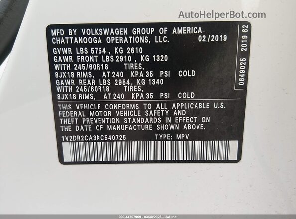 1V2DR2CA3KC540725 2019 VOLKSWAGEN ATLAS White 