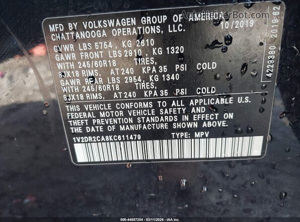 1V2DR2CA8KC611479 2019 VOLKSWAGEN ATLAS Black 