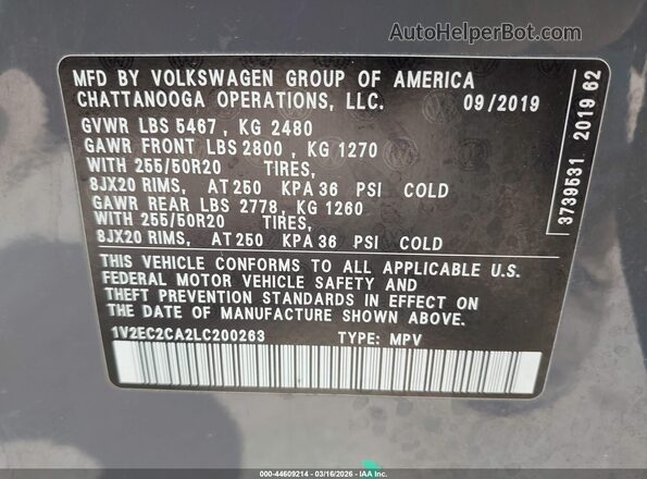 1V2EC2CA2LC200263 2020 VOLKSWAGEN ATLAS Gray Engine compartment view