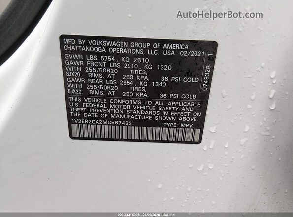1V2ER2CA2MC567423 2021 VOLKSWAGEN ATLAS White Вид підкапотного простору