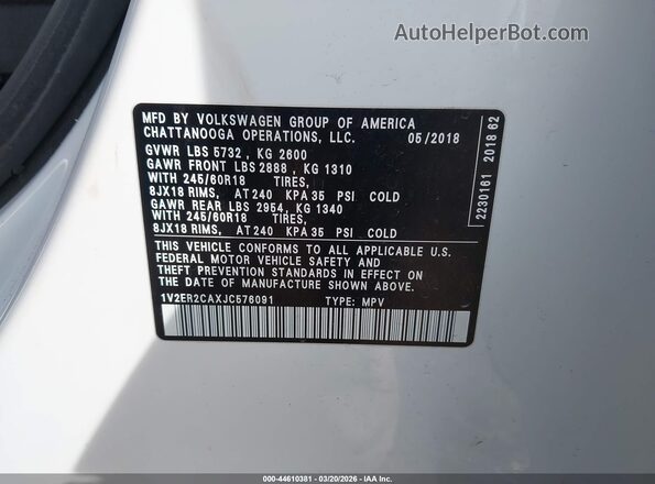 1V2ER2CAXJC576091 2018 VOLKSWAGEN ATLAS White ძრავის განყოფილების ხედი