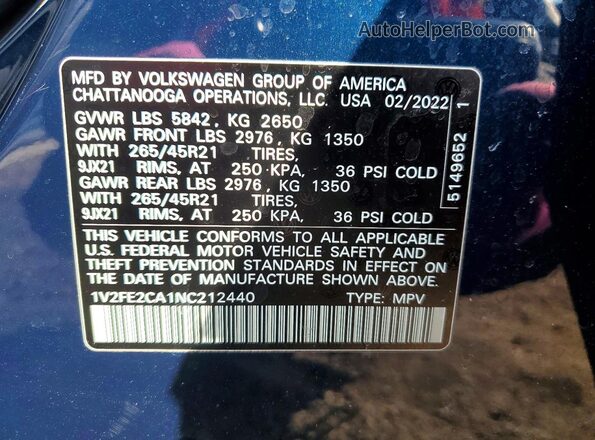 1V2FE2CA1NC212440 2022 VOLKSWAGEN ATLAS Blue VIN կոդի պիտակի տեսք