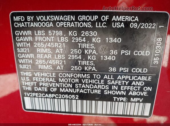 1V2FE2CA8PC205052 2023 VOLKSWAGEN ATLAS Red Շարժիչի բաժամունքի տեսք