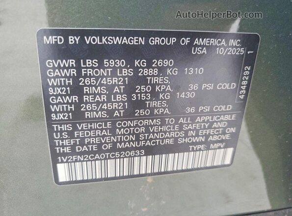 1V2FN2CA0TC520633 2026 VOLKSWAGEN ATLAS Green VIN կոդի պիտակի տեսք