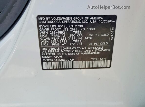 1V2FR2CA2MC539724 2021 VOLKSWAGEN ATLAS White Սալոնի 360 աստիճան տեսք