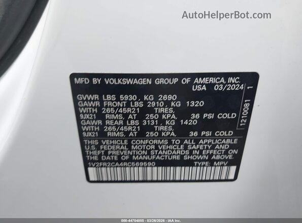 1V2FR2CA4RC569590 2024 VOLKSWAGEN ATLAS White Engine compartment view