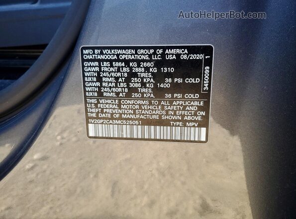 1V2GP2CA3MC525051 2021 VOLKSWAGEN ATLAS Gray Սալոնի 360 աստիճան տեսք