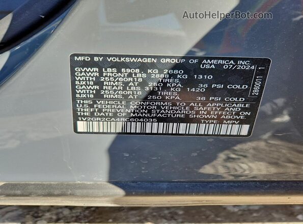 1V2GR2CA4RC604035 2024 VOLKSWAGEN ATLAS Серый Вид наклейки с VIN-кодом