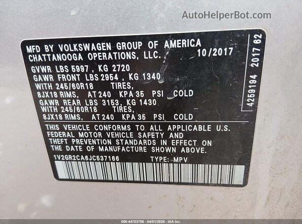 1V2GR2CA6JC537166 2018 VOLKSWAGEN ATLAS Silver Շարժիչի բաժամունքի տեսք